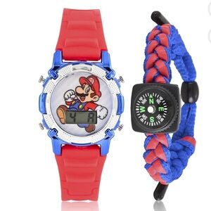 Mario Kids Flashing Lights LCD Watch with Matching Woven Compass Set